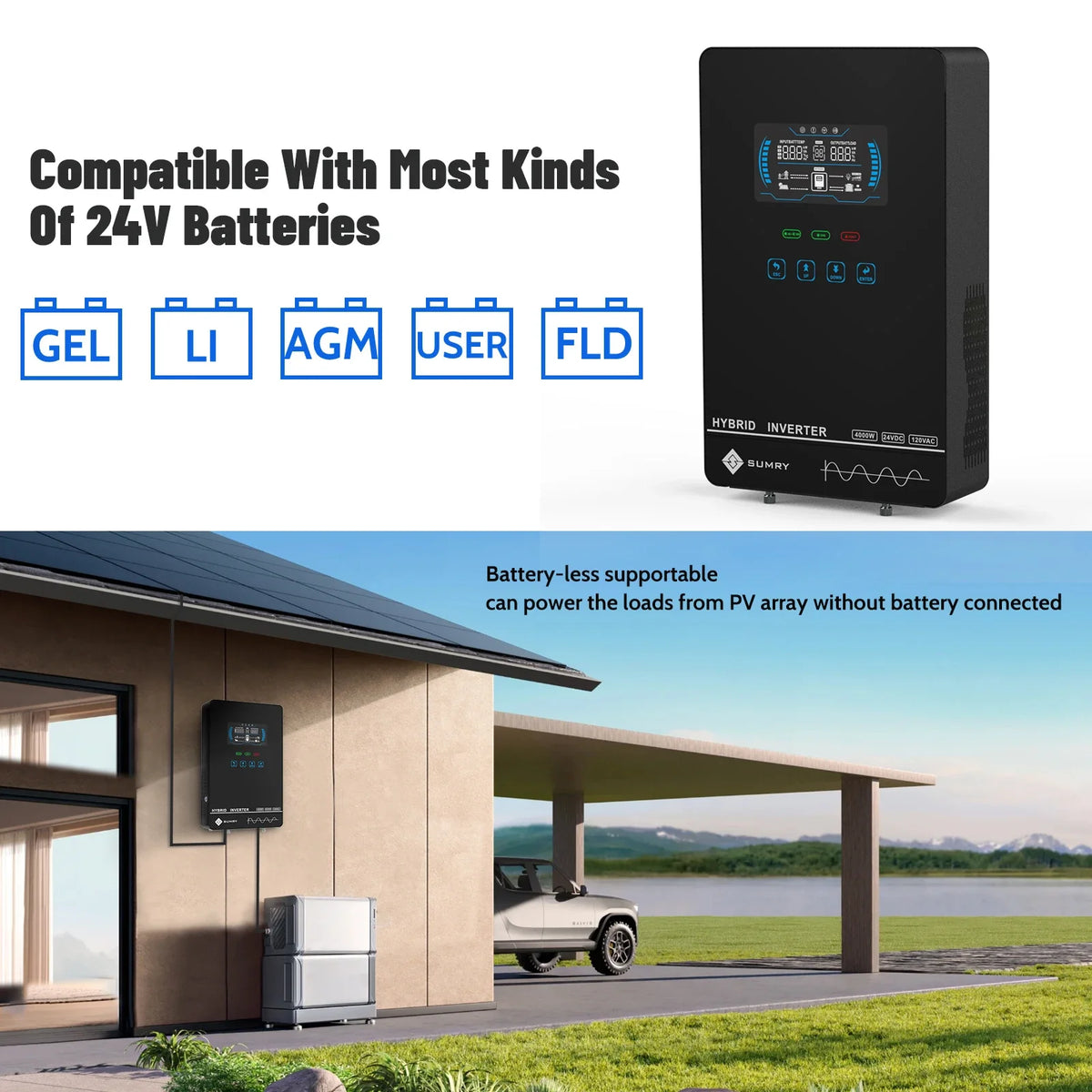 Sumry 4KW 120V Off Grid Solar Inverter 24V 140A 5600W MPPT Charger Pure Sine Wave Home Inverter 6.25 Inch LCD Display 4
