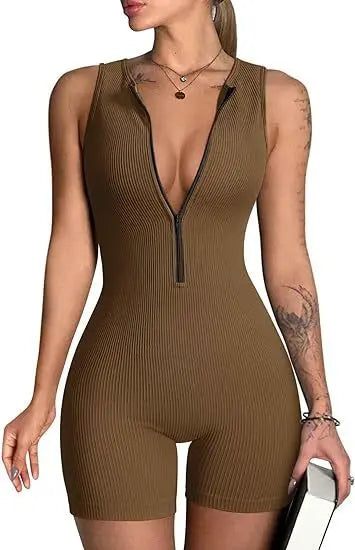 Women's Sleeveless V-Neck Bodysuit Stylish Yoga jumpsuit Exercise sleeveless front zip jumpsuit Slim Fit Romper Store ARBELLA'S