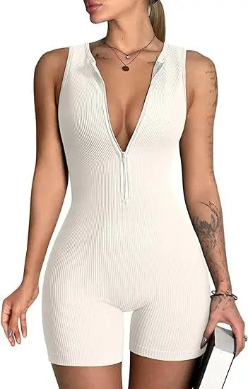 Women's Sleeveless V-Neck Bodysuit Stylish Yoga jumpsuit Exercise sleeveless front zip jumpsuit Slim Fit Romper Store ARBELLA'S