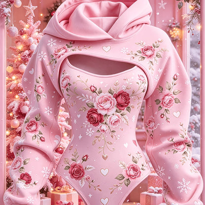 Conjunto Rosa de Dos Piezas para Mujer, que incluye un mono rosa con rosa roja, copo de nieve, corazón y estampados, una capa con capucha y un conjunto de ropa de dormir de invierno romántico y dulce de manga larga con un mono con capucha. 6