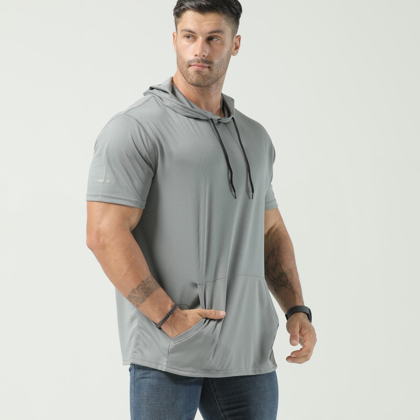 Men's Quick-Dry Hoodie - Breathable, 4-Way Stretch, Sweat-Wicking Polyester, Relaxed Fit for Sports & Casual Wear, White with Blue Drawstrings Store ARBELLA'S