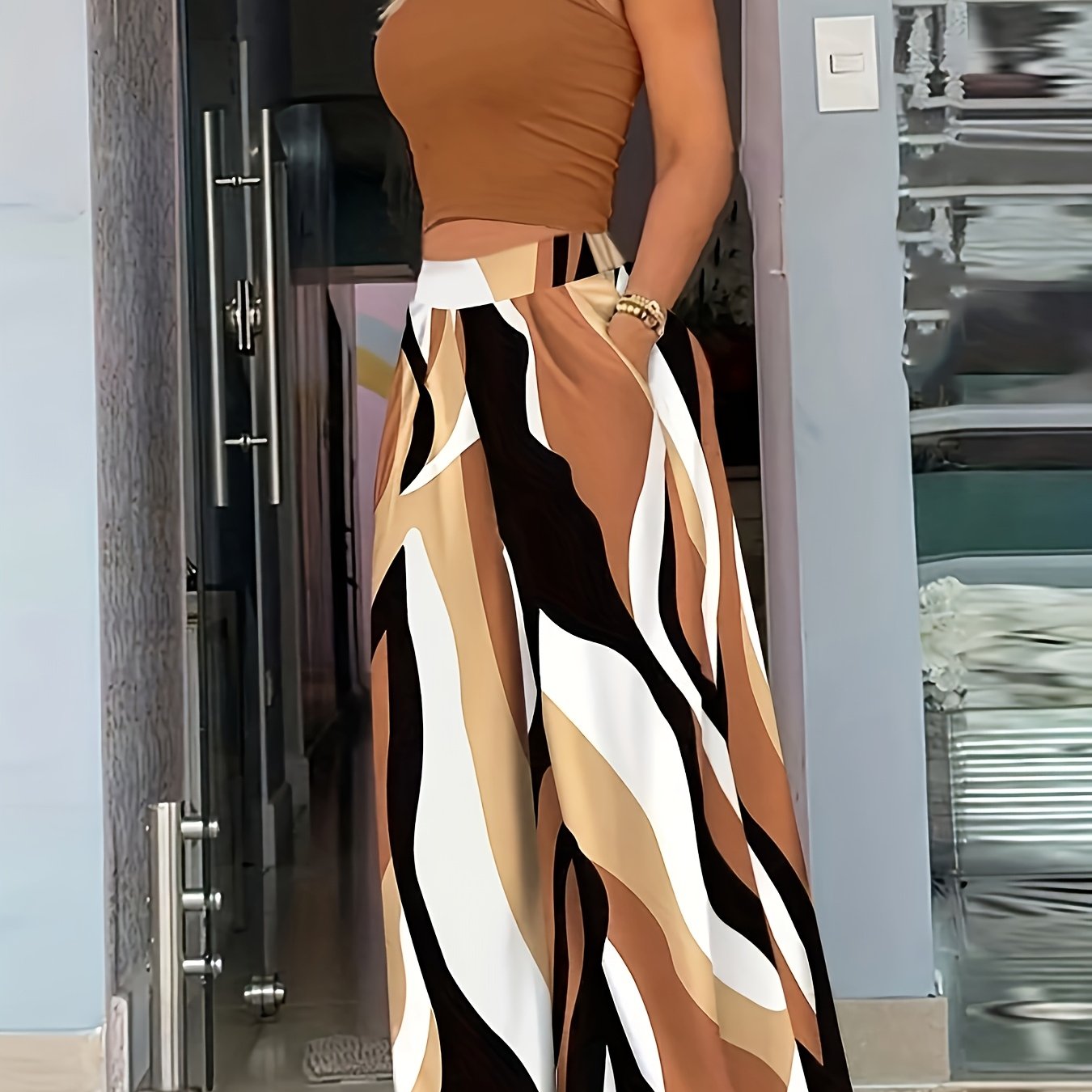 Women's Casual Elegance Mock Neck Wide-Leg Pants Featuring Wave Patterns and Floral Shapes Store ARBELLA'S