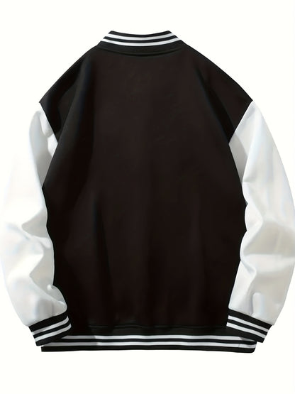 Letter Print Warm Varsity Jacket, Men's Casual Color Block Button Up Jacket For Fall Winter School Baseball