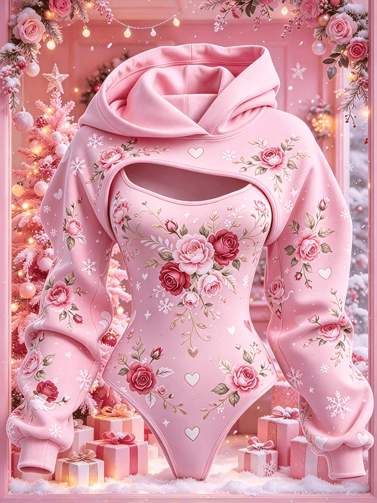 Conjunto Rosa de Dos Piezas para Mujer, que incluye un mono rosa con rosa roja, copo de nieve, corazón y estampados, una capa con capucha y un conjunto de ropa de dormir de invierno romántico y dulce de manga larga con un mono con capucha. 2