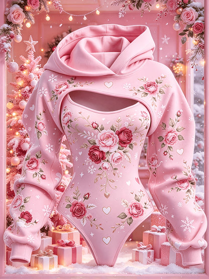 Conjunto Rosa de Dos Piezas para Mujer, que incluye un mono rosa con rosa roja, copo de nieve, corazón y estampados, una capa con capucha y un conjunto de ropa de dormir de invierno romántico y dulce de manga larga con un mono con capucha. 2