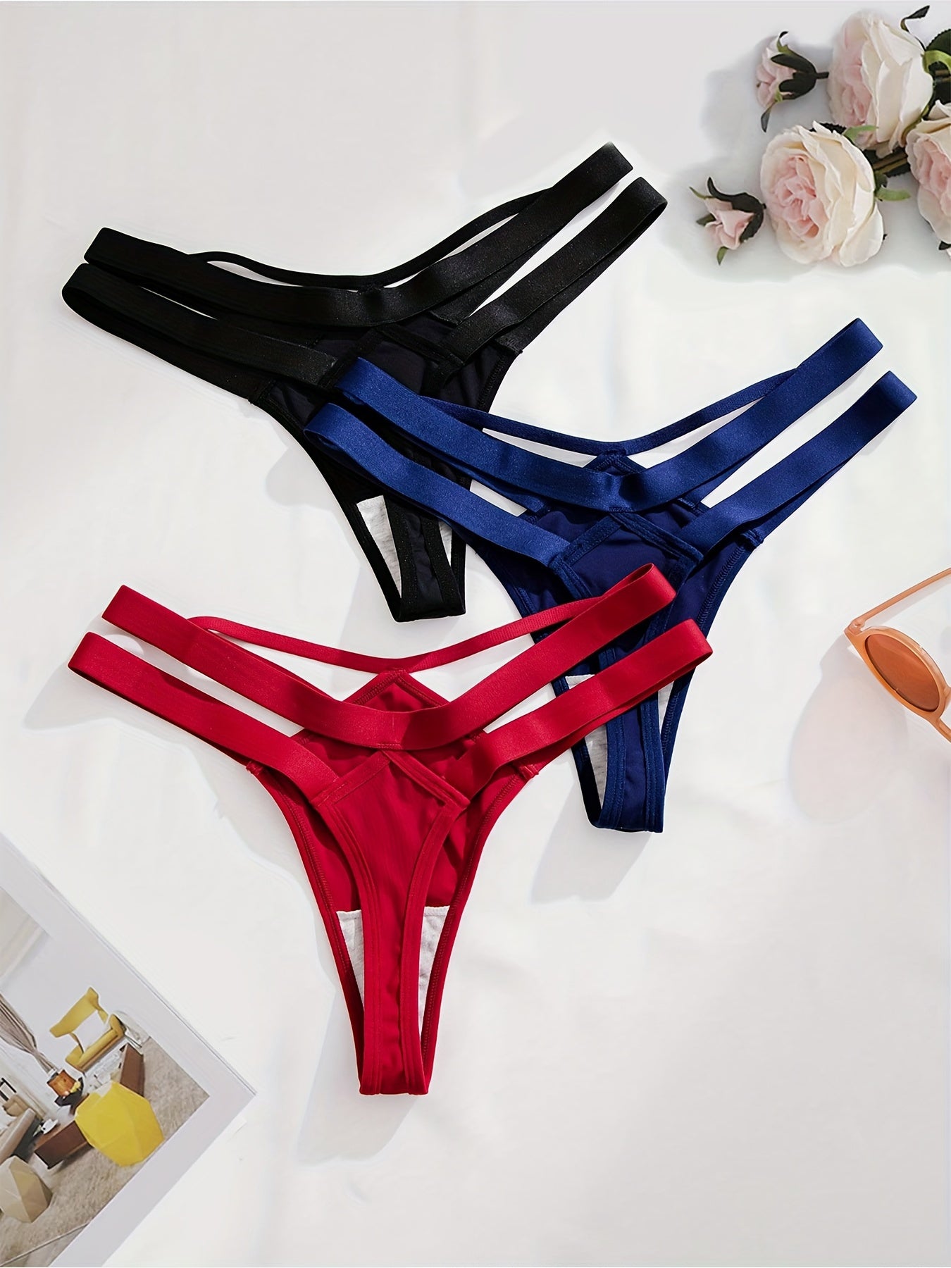 3pcs Elegant Women's Thongs in Black, White, & Red - Soft Nylon & Elastane Blend, Non-See-Through, Hand Washable - Comfortable & Stylish Lingerie with Adjustable Straps Store ARBELLA'S