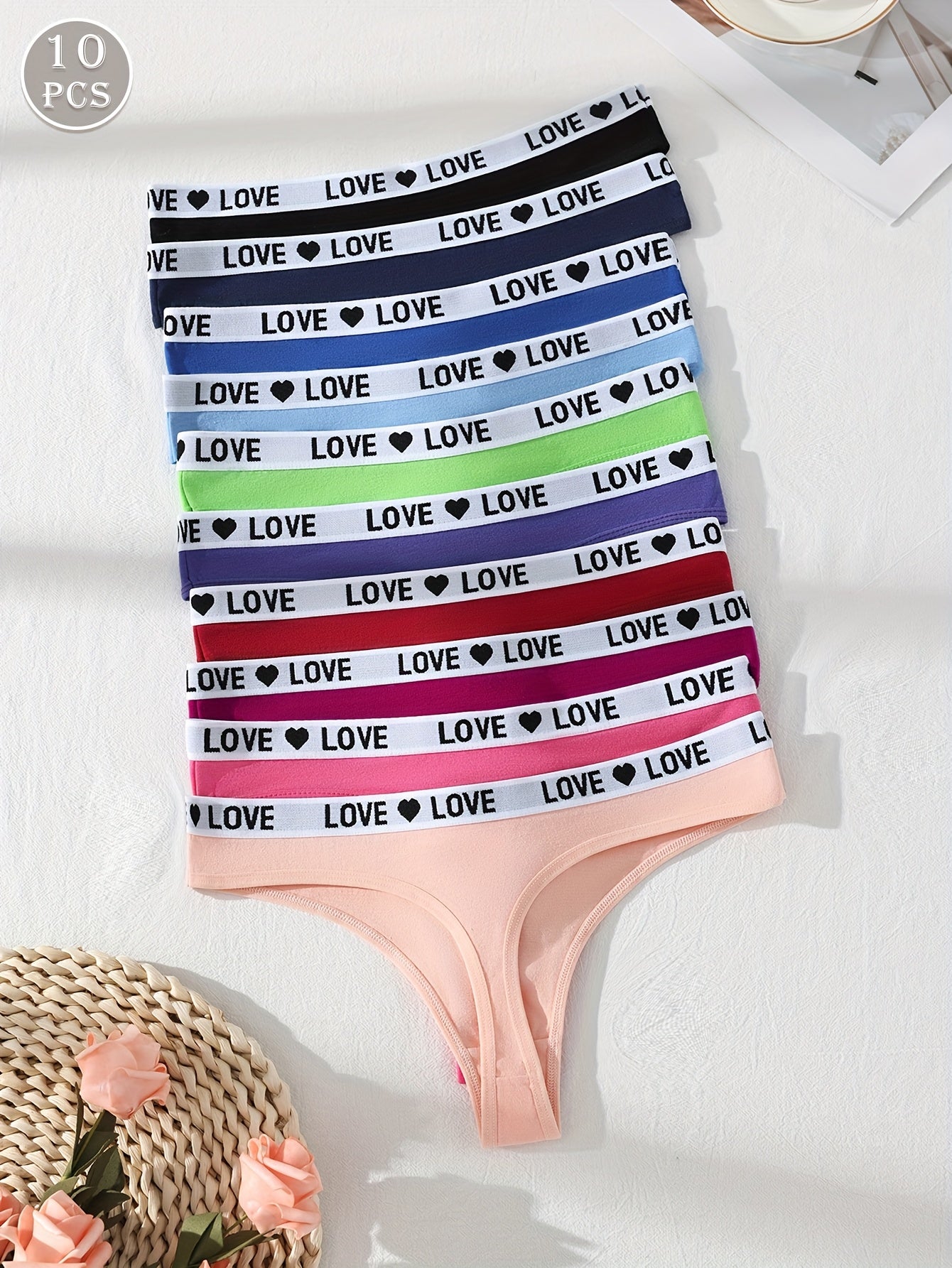 10-Pack Women's Cotton Thongs - Rainbow Colorful LOVE Letter Print, Sporty Breathable & Sweat-Absorbing Underwear for Travel, Invisible Confident Fit. Store ARBELLA'S