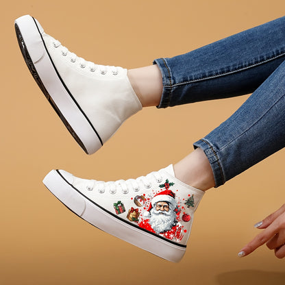 Women's Christmas Santa Print Canvas Sneakers, Casual Lace-Up High-Top Fashion Shoes, Comfortable All-Season Round Toe with Fabric Insole and Rubber Sole