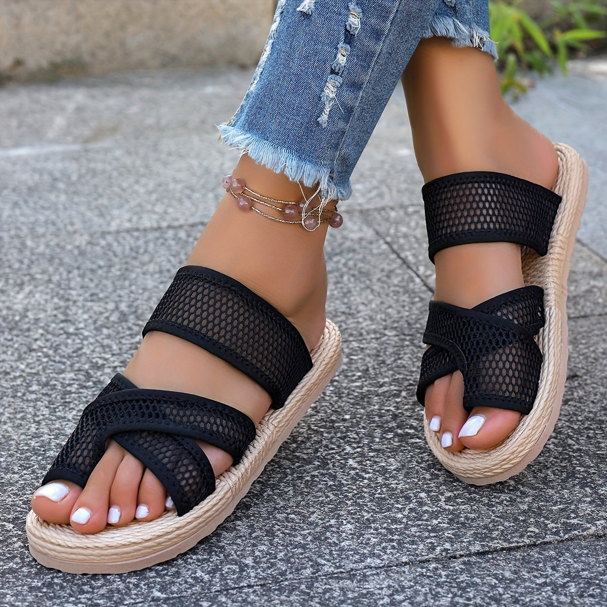 Breathable Mesh Women's Summer Sandals - Stylish Stroppy Slip-On Flats with Toe Loop, Comfortable EVA Sole for Casual Outdoor Wear Store ARBELLA'S