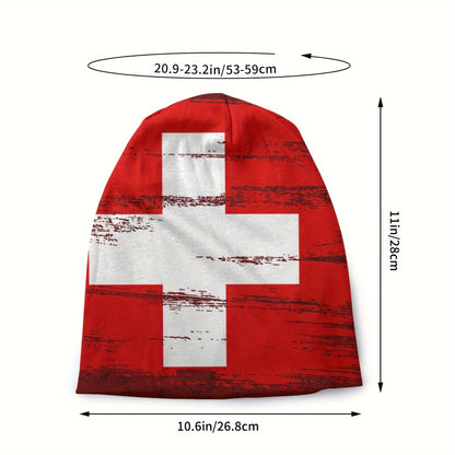 Men's Boho Style Hip Hop Beanie - Swiss Flag Design, Windproof, Breathable & Comfortable, Knit Fabric, 2-Layered Design, Perfect for Spring & Autumn