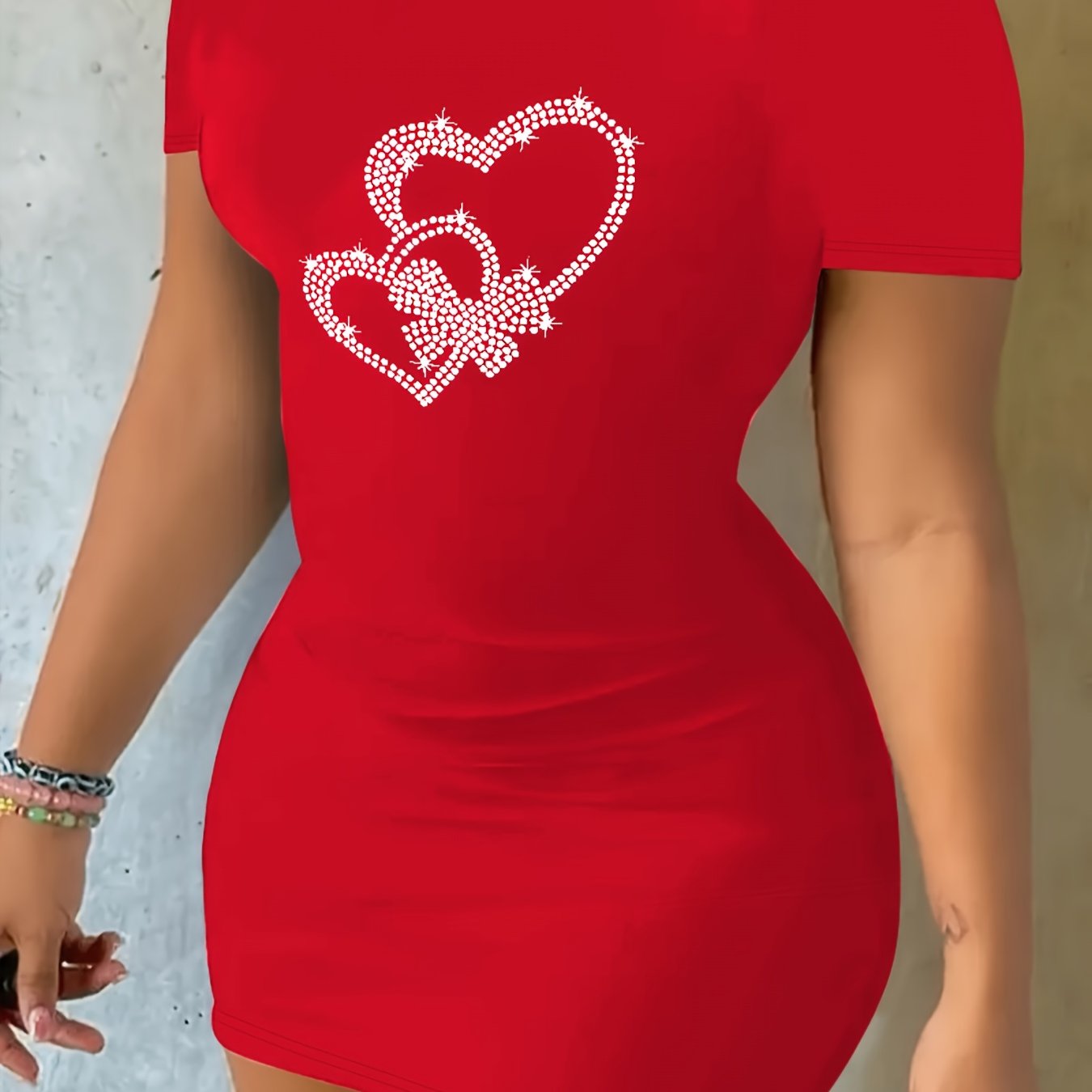 Stunning Rhinestone Heart Bodycon Dress, Short Sleeve Crew Neck Casual Women's Clothing for a Chic Look store Arbellas
