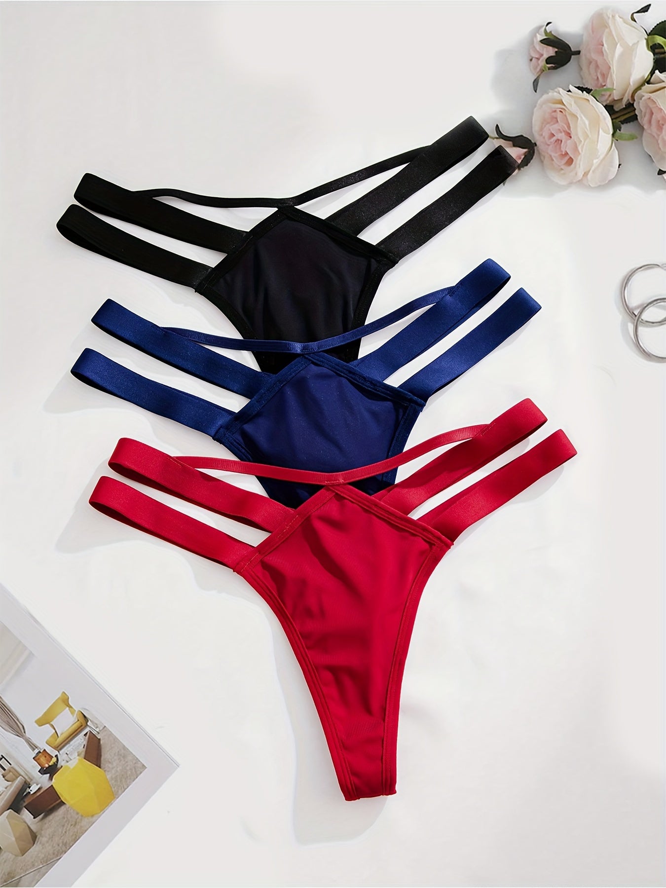 3pcs Elegant Women's Thongs in Black, White, & Red - Soft Nylon & Elastane Blend, Non-See-Through, Hand Washable - Comfortable & Stylish Lingerie with Adjustable Straps Store ARBELLA'S