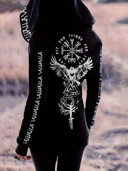 Vintage Gothic Style Viking Pattern Hoodie | Women's Casual Zipper Long Sleeve Drawstring Sweatshirt Store ARBELLA'S