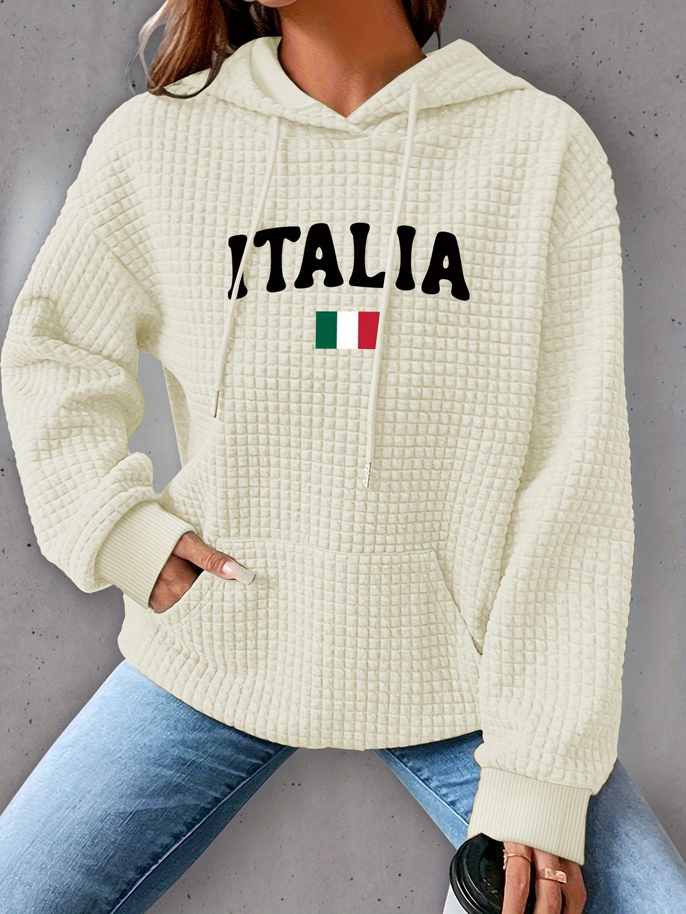 ITALIA Waffle Knit Hoodie - Casual Long Sleeve Drop Shoulder Drawstring Hoodie with Kangaroo Pocket for Fall & Winter, Cozy Women's Clothing