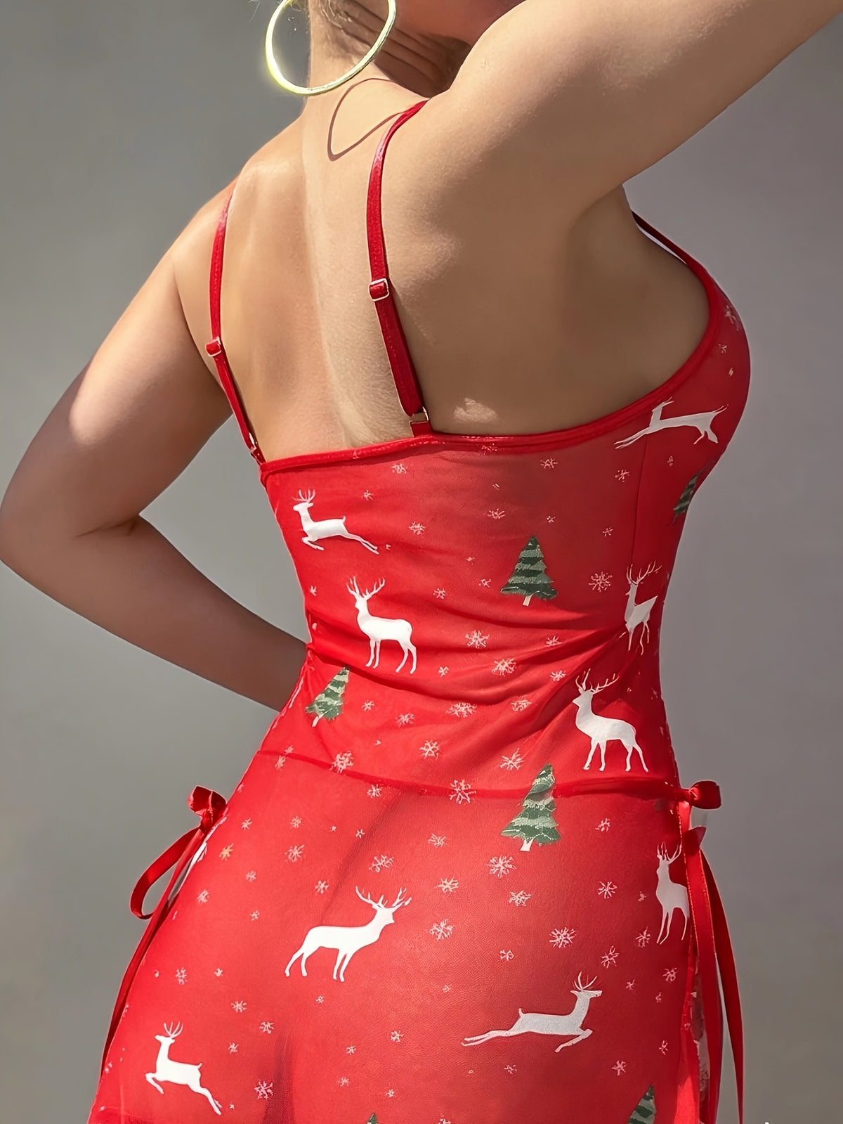 Pijama navideño rojo para mujer, falda de malla con ribete de encaje y estampado de árbol de Navidad y copos de nieve, incluye bragas de regalo, camisón de mujer 5