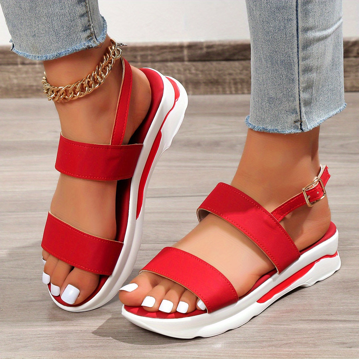 Women's Platform Open Toe Sandals, Solid Color Ankle Buckle Strap Non Slip Shoes, Casual Outdoor Sandals