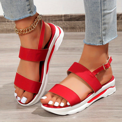 Women's Platform Open Toe Sandals, Solid Color Ankle Buckle Strap Non Slip Shoes, Casual Outdoor Sandals