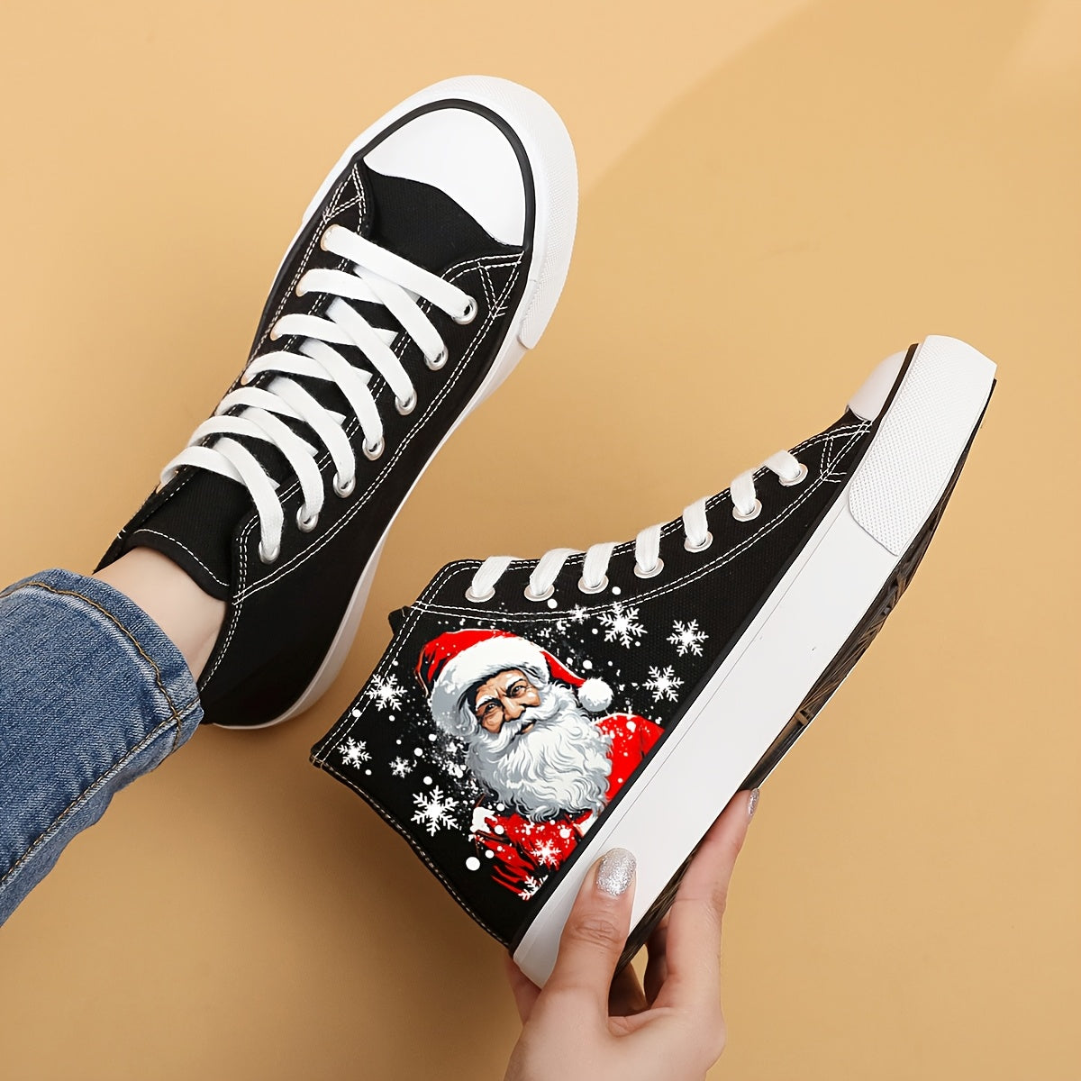 Women's Christmas Santa Print Canvas Sneakers, Casual Lace-Up High-Top Fashion Shoes, Comfortable All-Season Round Toe with Fabric Insole and Rubber Sole