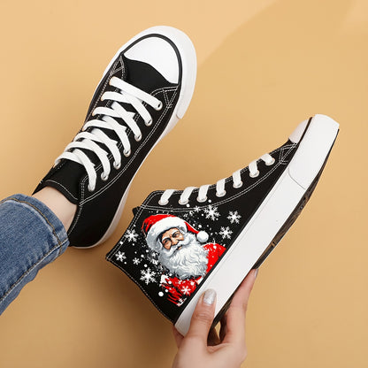 Women's Christmas Santa Print Canvas Sneakers, Casual Lace-Up High-Top Fashion Shoes, Comfortable All-Season Round Toe with Fabric Insole and Rubber Sole