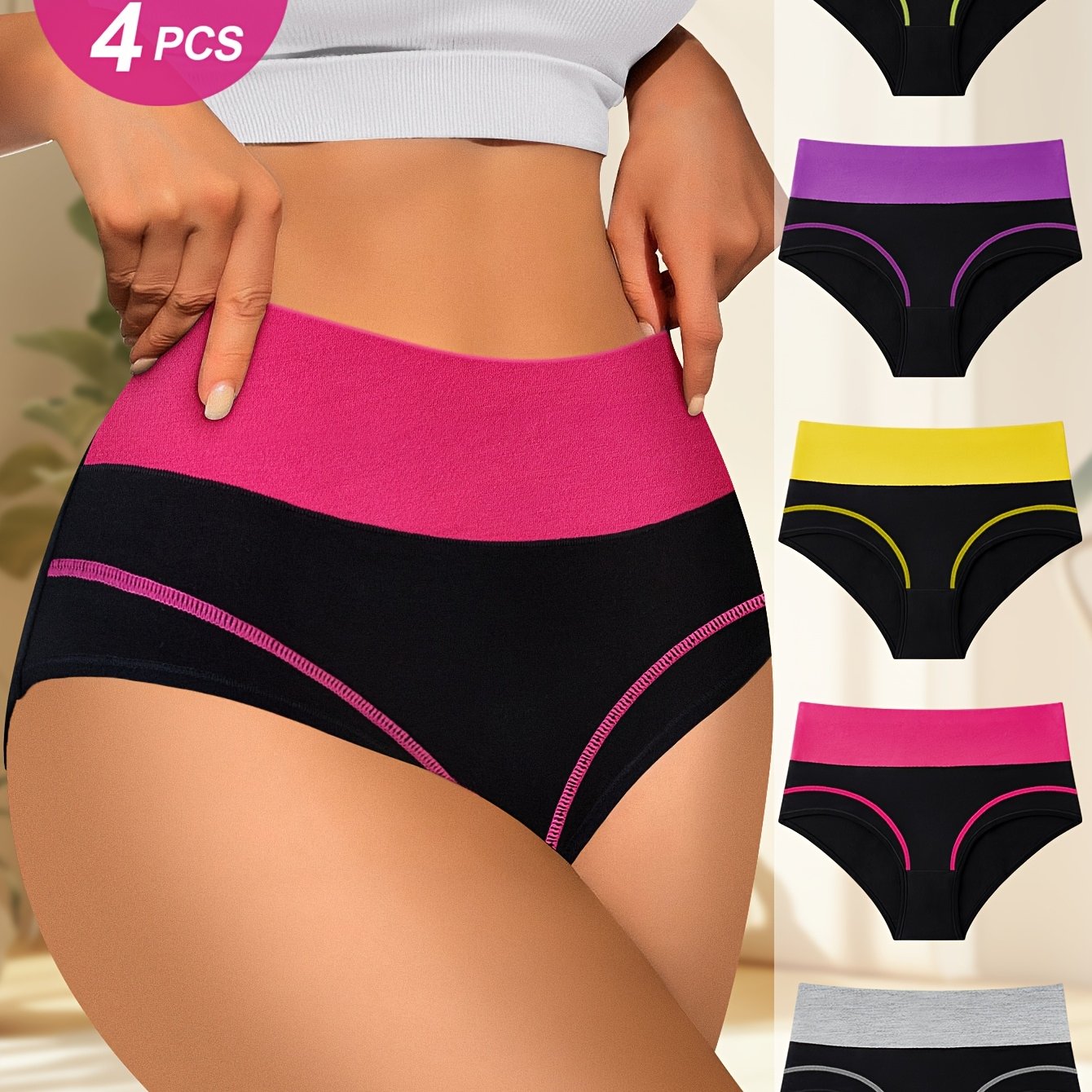 4pcs Random Combination High Waisted Tummy Tightening Women'S Panties Fashion Clash Of Colors Comfortable Shape Triangle Pants Store ARBELLA'S