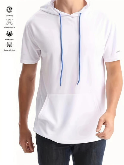 Men's Quick-Dry Hoodie - Breathable, 4-Way Stretch, Sweat-Wicking Polyester, Relaxed Fit for Sports & Casual Wear, White with Blue Drawstrings Store ARBELLA'S