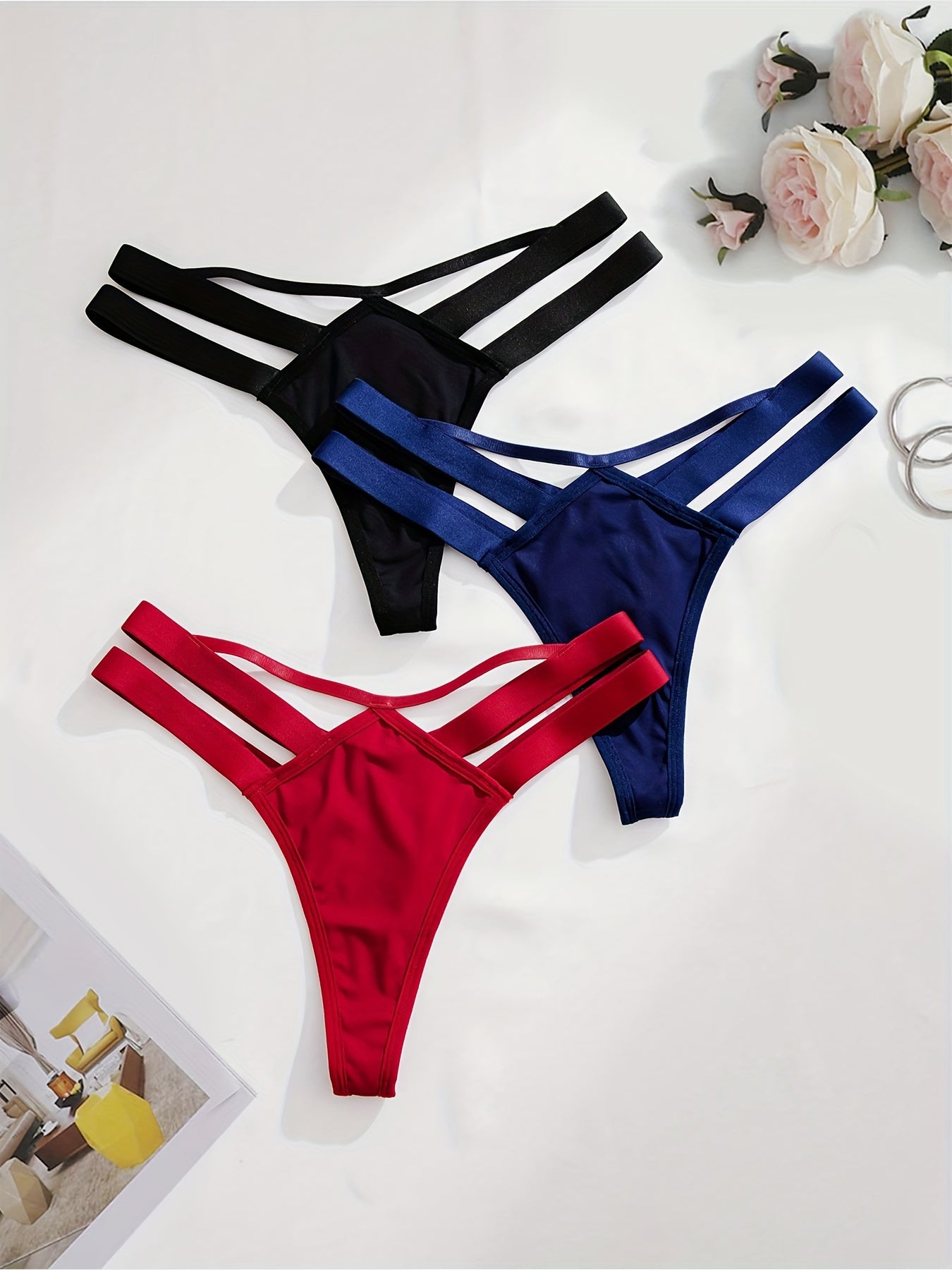 3pcs Elegant Women's Thongs in Black, White, & Red - Soft Nylon & Elastane Blend, Non-See-Through, Hand Washable - Comfortable & Stylish Lingerie with Adjustable Straps Store ARBELLA'S