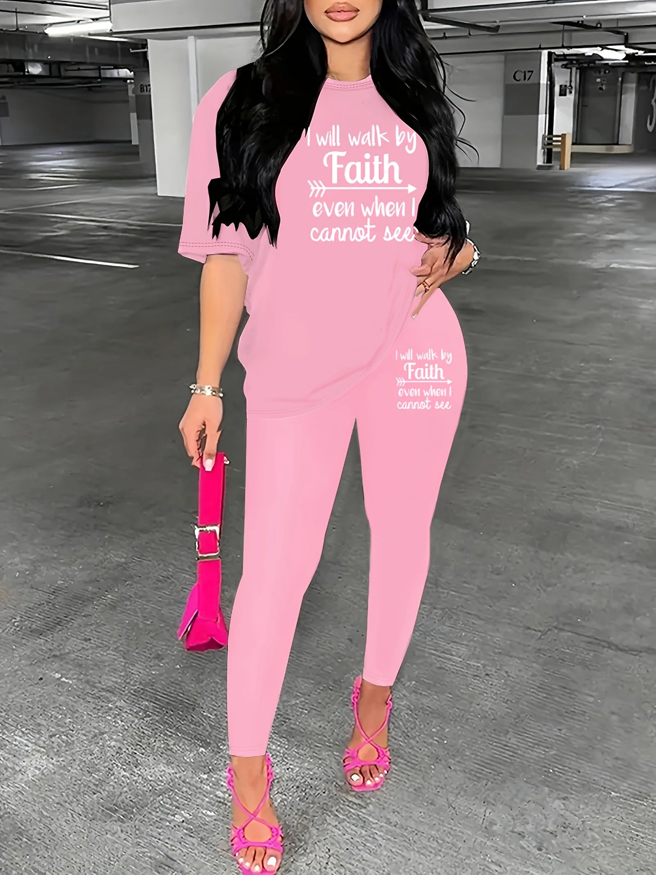 Casual Faith Letter Print Pantsuit, Short Sleeve T-shirt & Skinny Pants Outfits, Women's Clothing