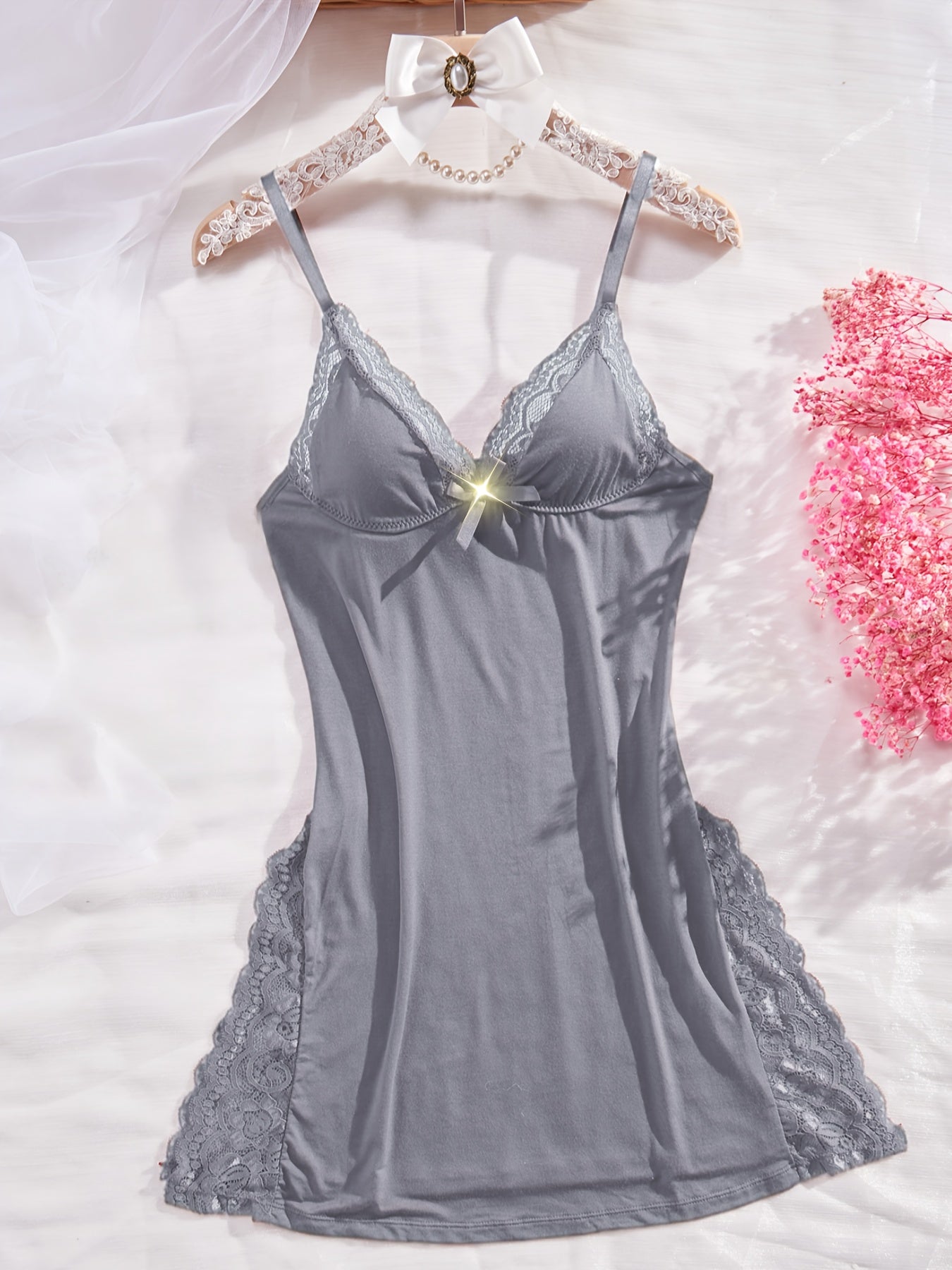 3pcs Of Women's Solid Lace Nightdress, Lace Panels, Skirt Side Slits,  Lace Home Nightdress Store ARBELLA'S