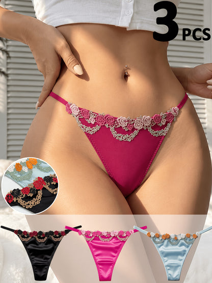 Juego de 3 tangas de encaje floral para mujer, bragas elegantes de tiro medio liso para dama, ropa interior suave de uso diario. 5