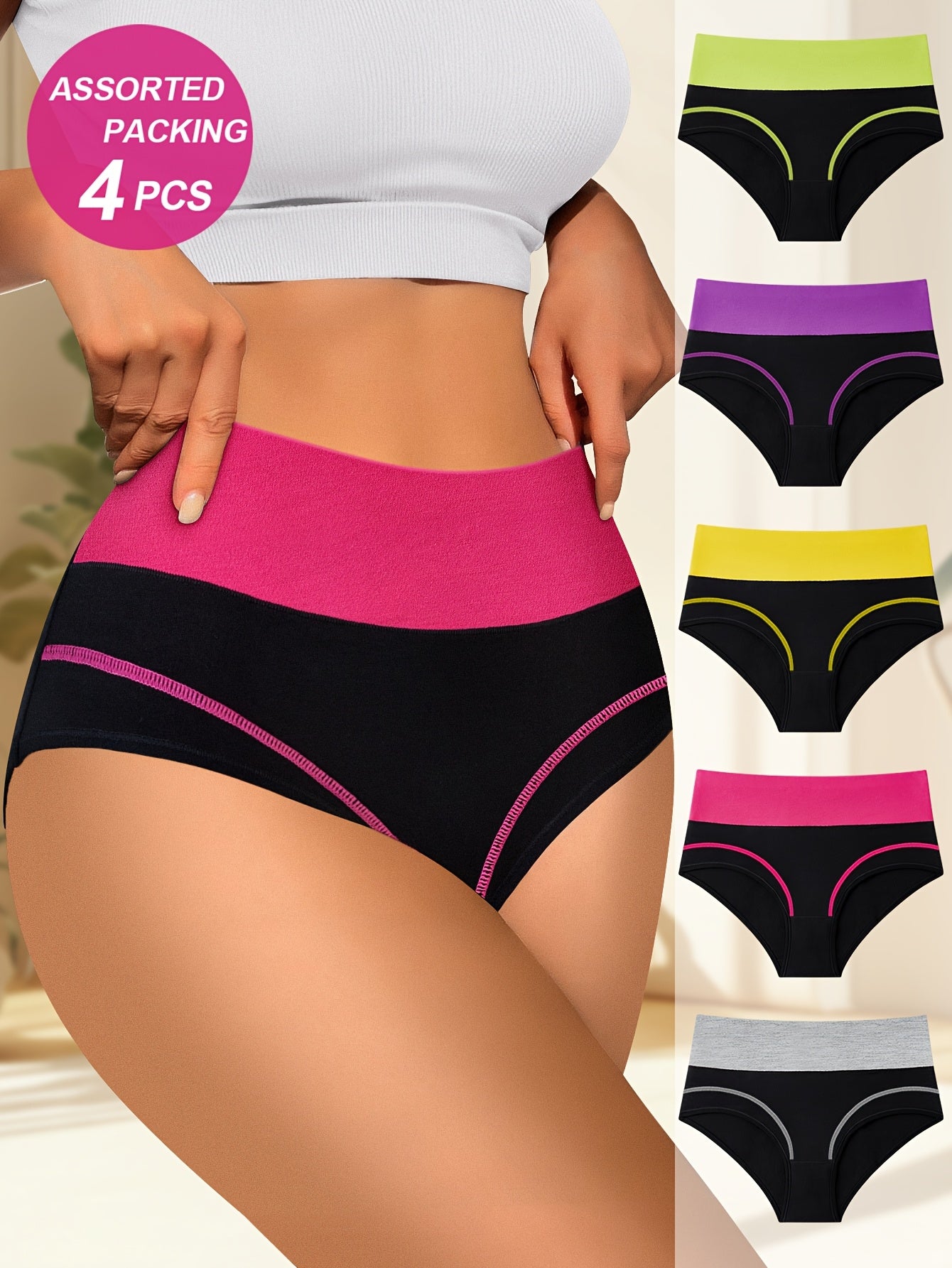 4pcs Random Combination High Waisted Tummy Tightening Women'S Panties Fashion Clash Of Colors Comfortable Shape Triangle Pants Store ARBELLA'S