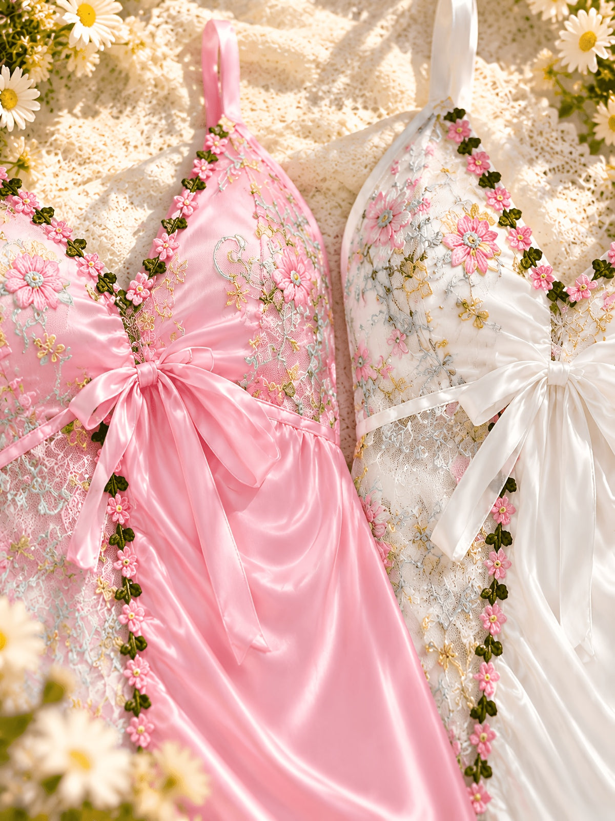 [Easdoing] Conjunto de Camisola de Satén para Mujer, 2 Piezas, Camisón de Encaje Bordado Floral con Dobladillo Asimétrico, Vestido de Casa con Cuello en V, Combinación Rosa y Blanca 4