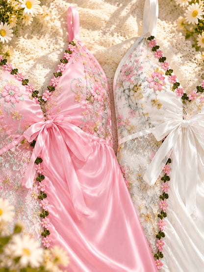 [Easdoing] Conjunto de Camisola de Satén para Mujer, 2 Piezas, Camisón de Encaje Bordado Floral con Dobladillo Asimétrico, Vestido de Casa con Cuello en V, Combinación Rosa y Blanca 4