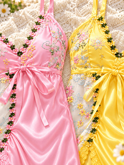 [Easdoing] Conjunto de 2 piezas de camisola de satén y camisón para mujer, encaje bordado floral con dobladillo irregular, vestido de casa con cuello en V, combinación de rosa y amarillo 2