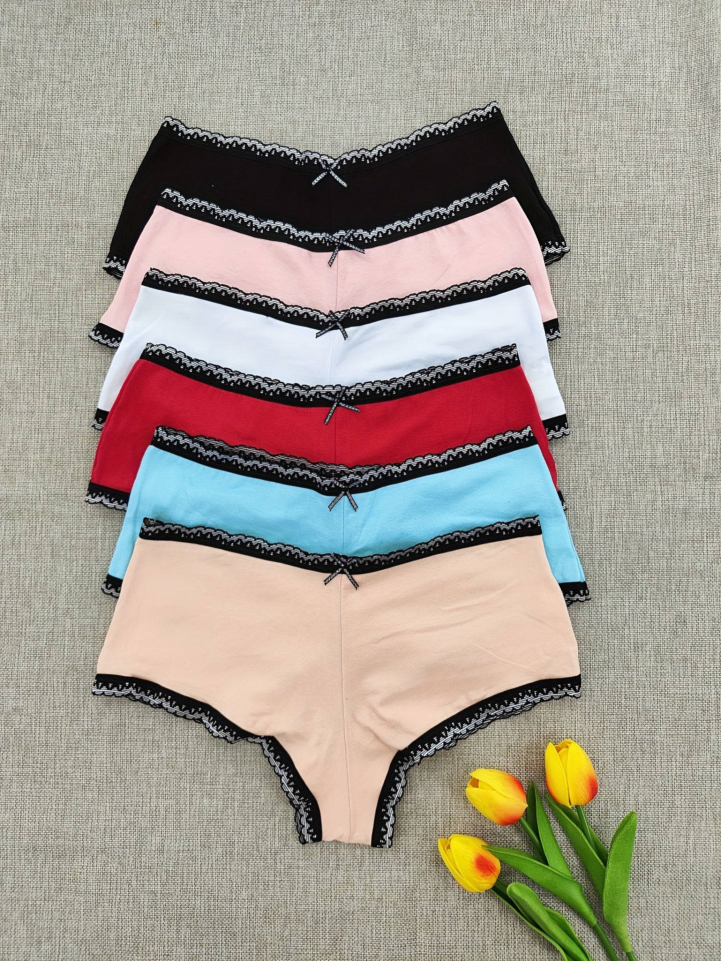 6 Pcs Elegant Cotton Boyshorts & Boxers - Soft, Breathable, Stretchy, Comfy Intimates with Color Block Pattern - JHDOB Womens Lingerie & Underwear