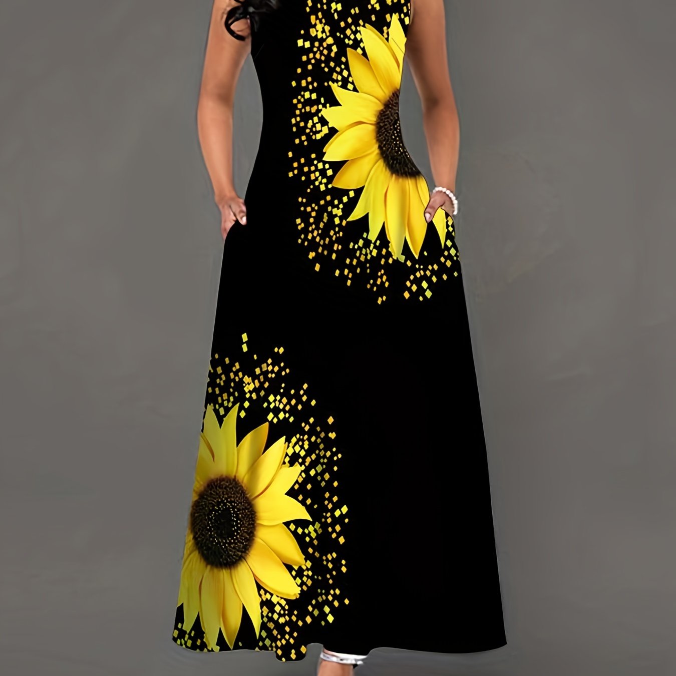 Sunflower Print Keyhole Dress, Casual Crew Neck Sleeveless Maxi Dress With Pocket, Women's Clothing For Elegant Dressing Store ARBELLA'S