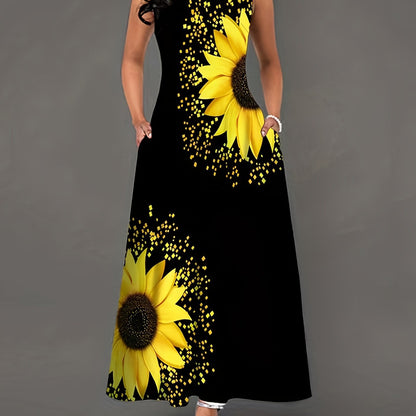 Sunflower Print Keyhole Dress, Casual Crew Neck Sleeveless Maxi Dress With Pocket, Women's Clothing For Elegant Dressing Store ARBELLA'S