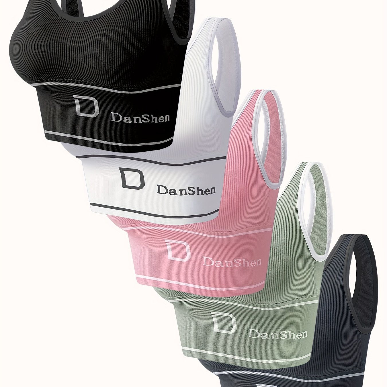 5-Pack DanSheer High-Impact Sports Bras - Full Coverage Wireless Yoga & Running Bras, Breathable Nylon Blend, High Elasticity with Removable Pads, Machine Washable, Multiple Colors. Store ARBELLA'S
