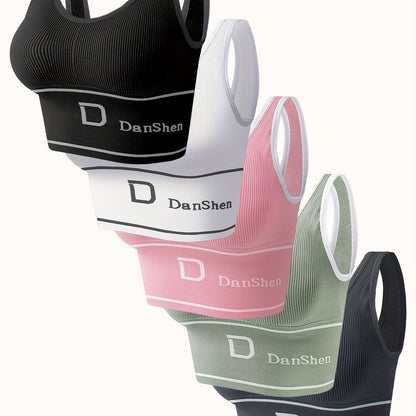 5-Pack DanSheer High-Impact Sports Bras - Full Coverage Wireless Yoga & Running Bras, Breathable Nylon Blend, High Elasticity with Removable Pads, Machine Washable, Multiple Colors. Store ARBELLA'S