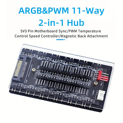 11 Way Splitter 2-in-1 4PIN PWM Cable, 5V 3Pin ARGB With SATA Power Cooling Fan Hub, For Computer PC Case Radiator, Acrylic Cover Bottom, Magnetic Suction