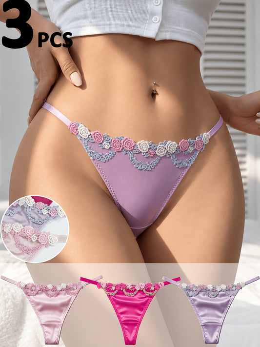 Juego de 3 tangas de encaje floral para mujer, bragas elegantes de tiro medio liso para dama, ropa interior suave de uso diario.