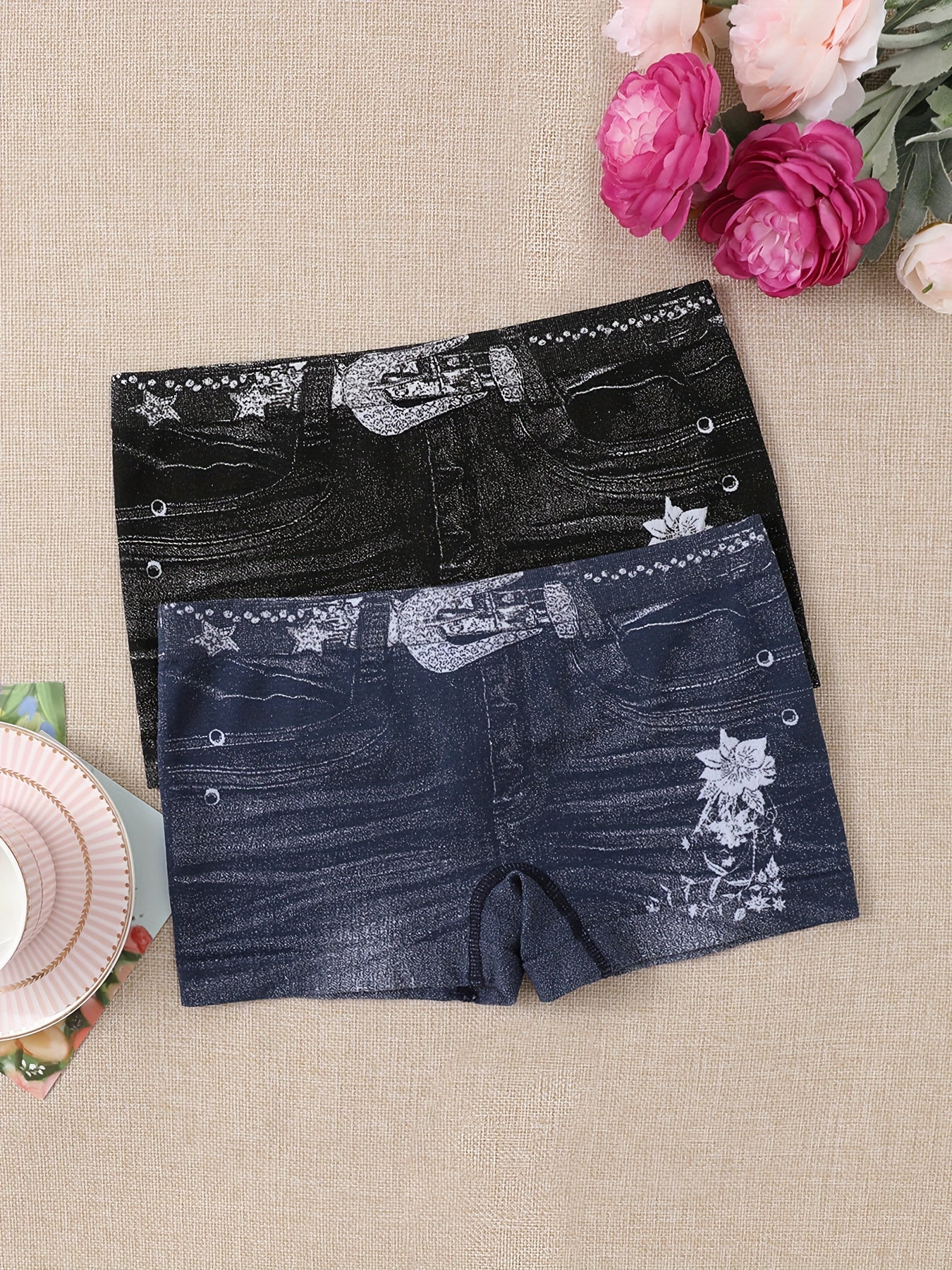 2pcs Seamless Simulation Denim Boyshorts, Sexy Comfy Breathable Stretchy Intimates Panties, Women's Lingerie & Underwear