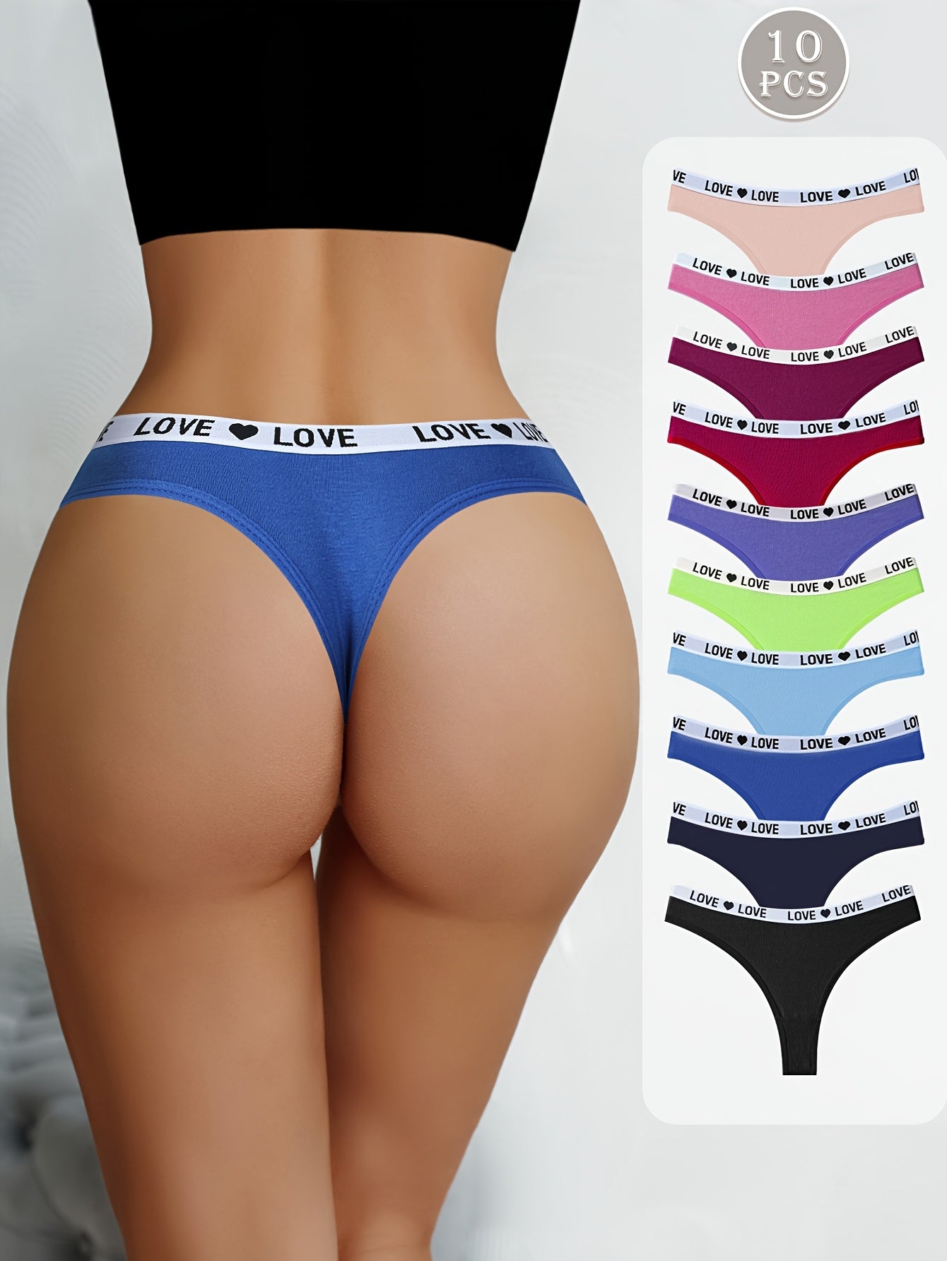 10-Pack Women's Cotton Thongs - Rainbow Colorful LOVE Letter Print, Sporty Breathable & Sweat-Absorbing Underwear for Travel, Invisible Confident Fit. Store ARBELLA'S