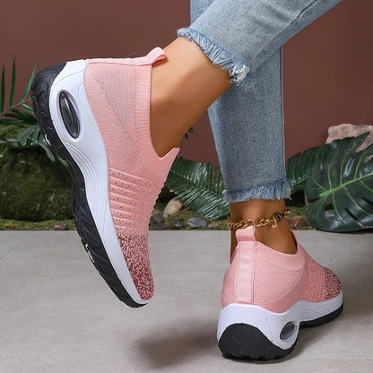 Women's Breathable Knit Sneakers - Comfortable Air Cushion, Slip-On Casual Shoes With Non-Slip Sole For Outdoor Activities