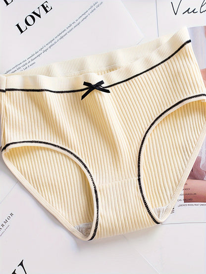 4pcs Bow Decor Contrast Trim Seamless Briefs, Simple Comfy Breathable Stretchy Intimates Panties, Women's Lingerie & Underwear