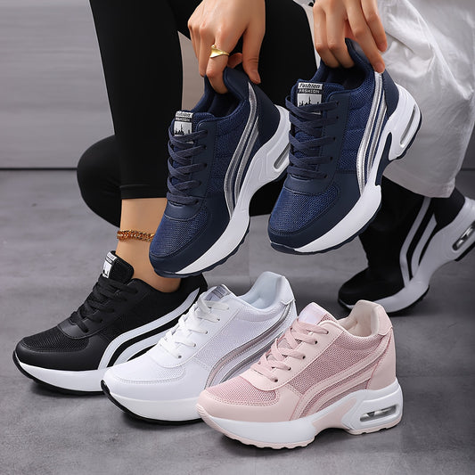 Women's Breathable Mesh Sneakers - Casual Lace-Up, Height-Boosting Platform Shoes with Air Cushion Comfort for All Seasons