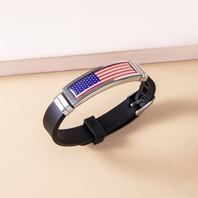 1pc Unisex Stainless Steel American Flag Silicone Bracelet - Durable, Stylish & Patriotic Symbol - Perfect for Couples or Individuals