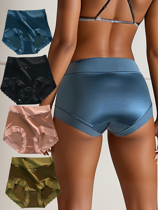 4pcs Seamless Satin Briefs, Sexy Comfy Breathable Stretchy Intimates Panties, Women's Lingerie & Underwear