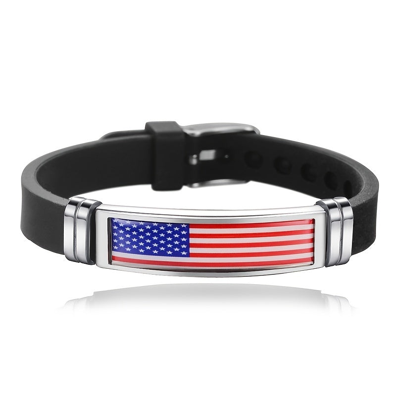 1pc Unisex Stainless Steel American Flag Silicone Bracelet - Durable, Stylish & Patriotic Symbol - Perfect for Couples or Individuals