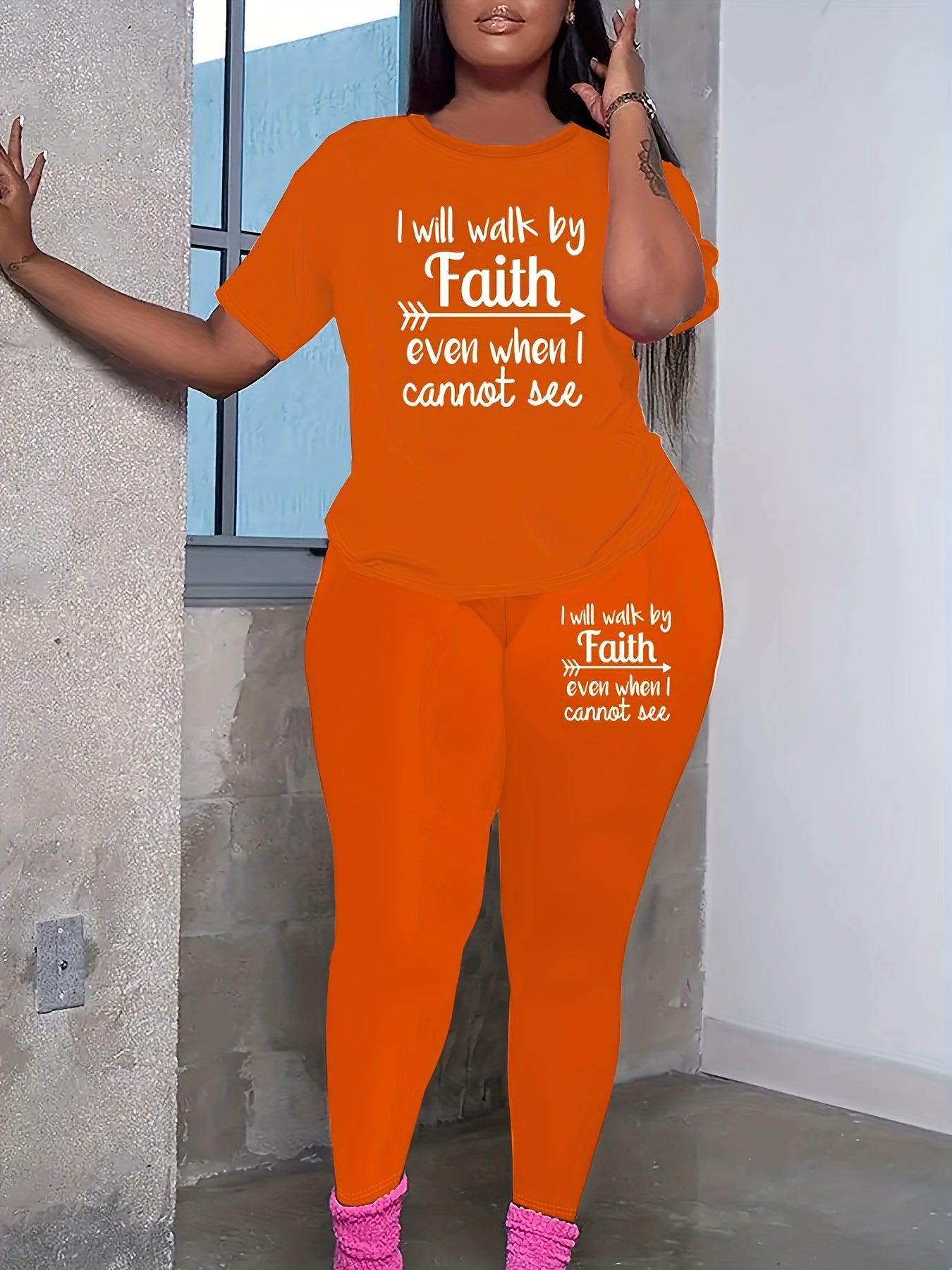 Casual Faith Letter Print Pantsuit, Short Sleeve T-shirt & Skinny Pants Outfits, Women's Clothing