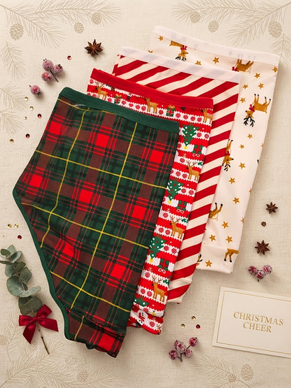 Paquete de 6 bragas de tiro medio a alto para mujer, estampado festivo de Navidad y Año Nuevo. 7